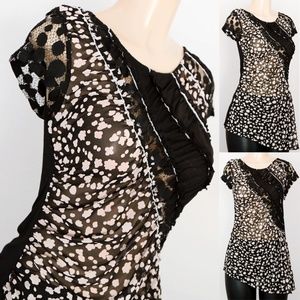 Black Taupe Mix Media Lace Asymmetric Tunic Top